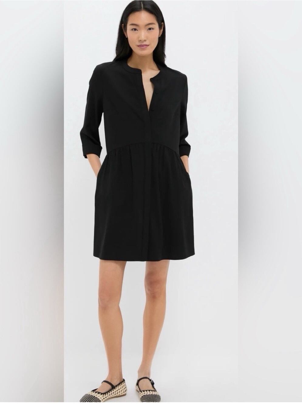 Tuckernuck Black Stretch Crepe Royal Shirt Dress Small Mini Mandarin Collar